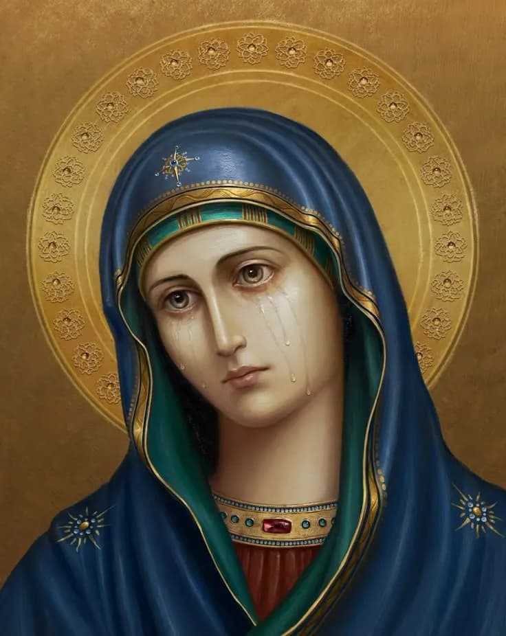 Ethereal Grace: The Sorrowful Virgin in Blue and Gold