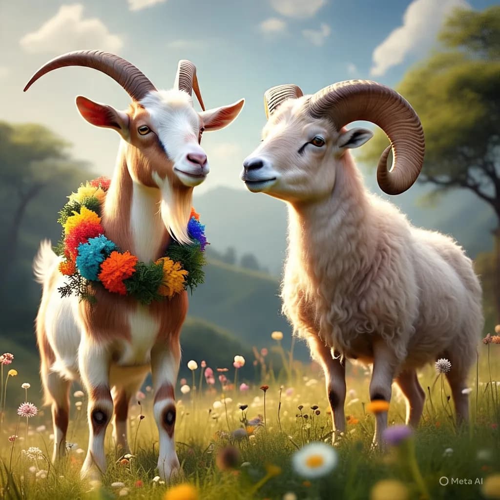 Whimsical Harmony: A Playful Encounter Between Two Charming Goats in a Flower-Filled Meadow