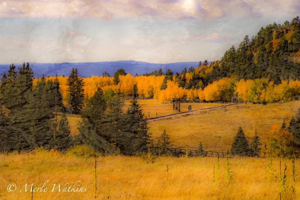 Autumn Serenity: A Tranquil Landscape of Golden Trees and Rolling Hills