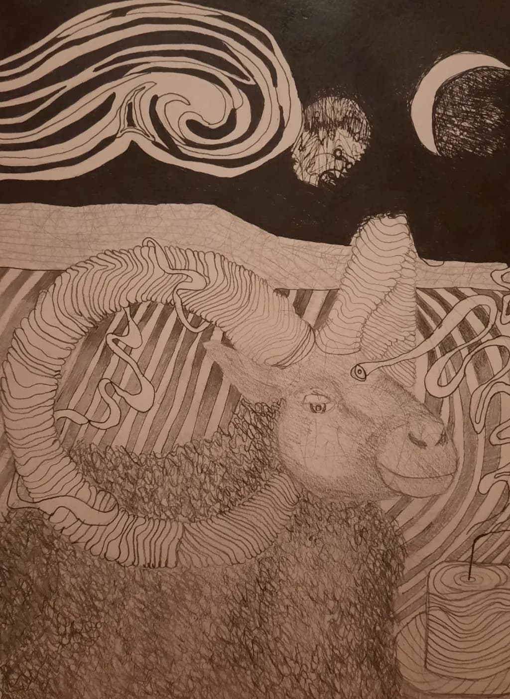 Whimsical Night: A Surreal Dance of Lines and Textures with a Playful Animal Companion
