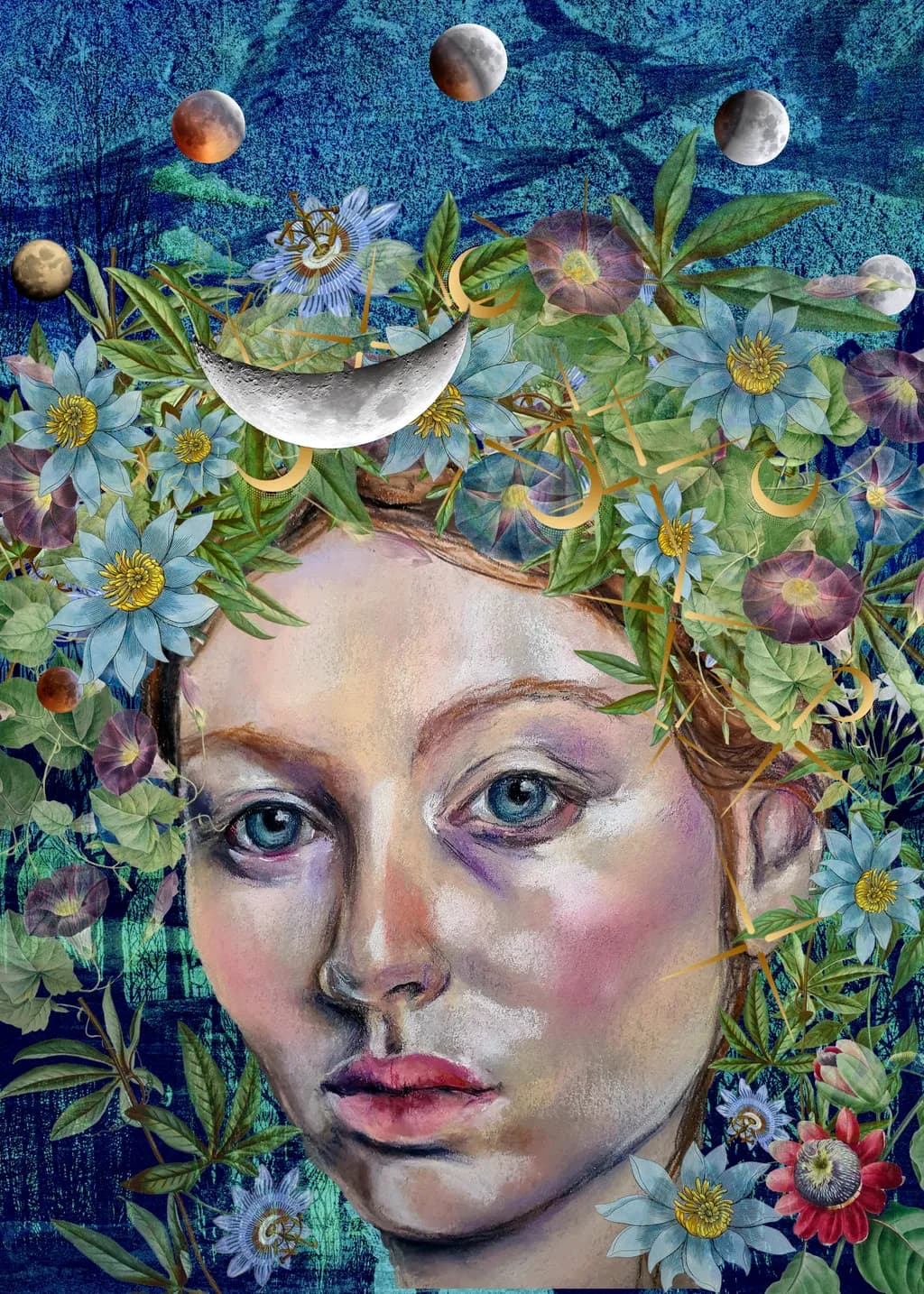 Whimsical Moonlit Portrait: A Floral Journey Through Dreams and Nature