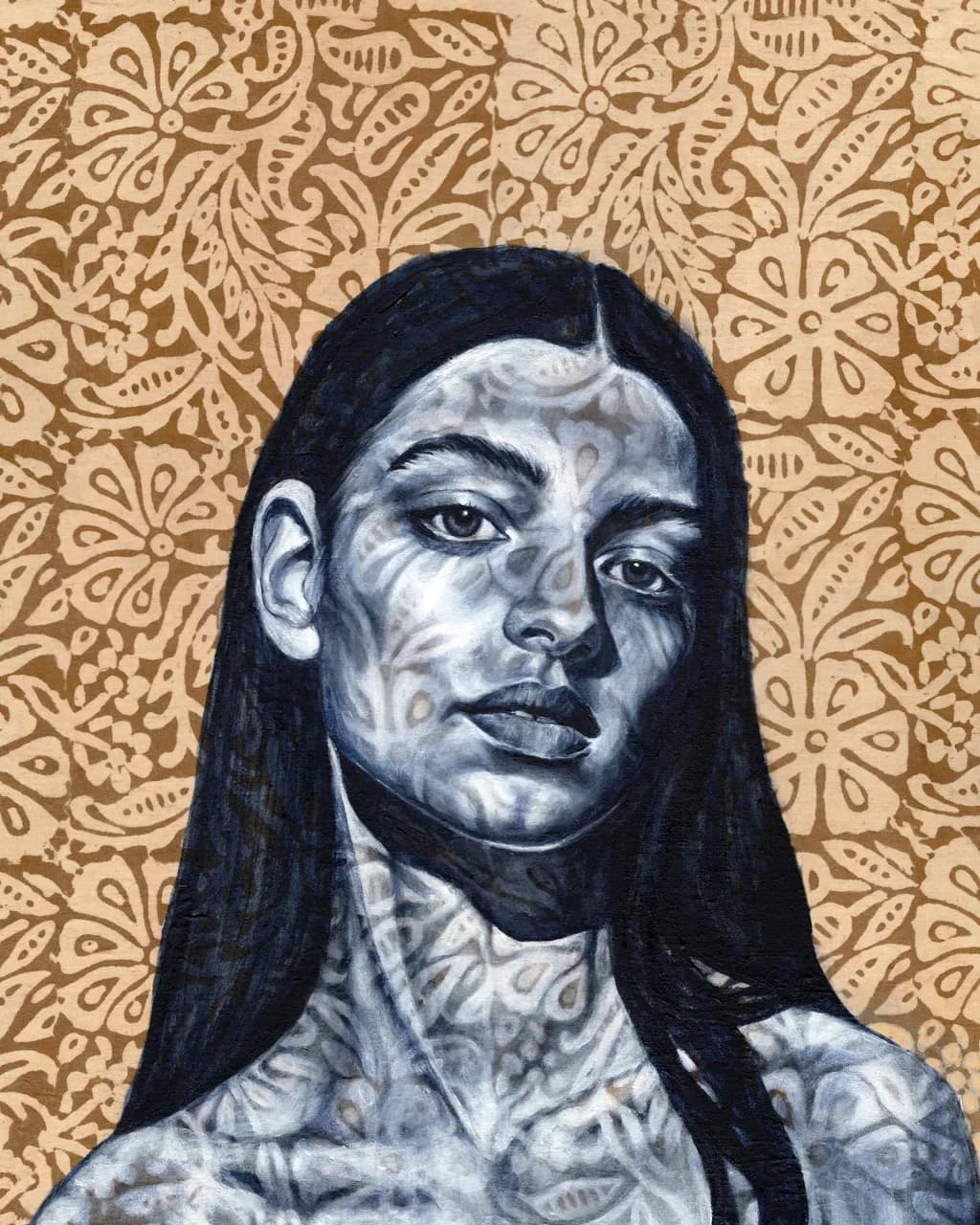 Whispers of Identity: A Portrait Interwoven with Cultural Patterns