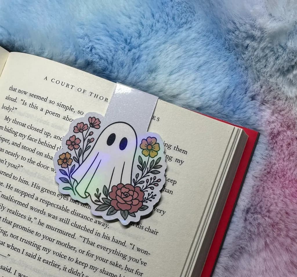 Whimsical Ghostly Blooms: A Charming Bookmark for Book Lovers