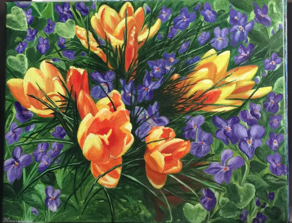 Vibrant Spring Blooms: A Colorful Garden of Orange and Purple Flowers