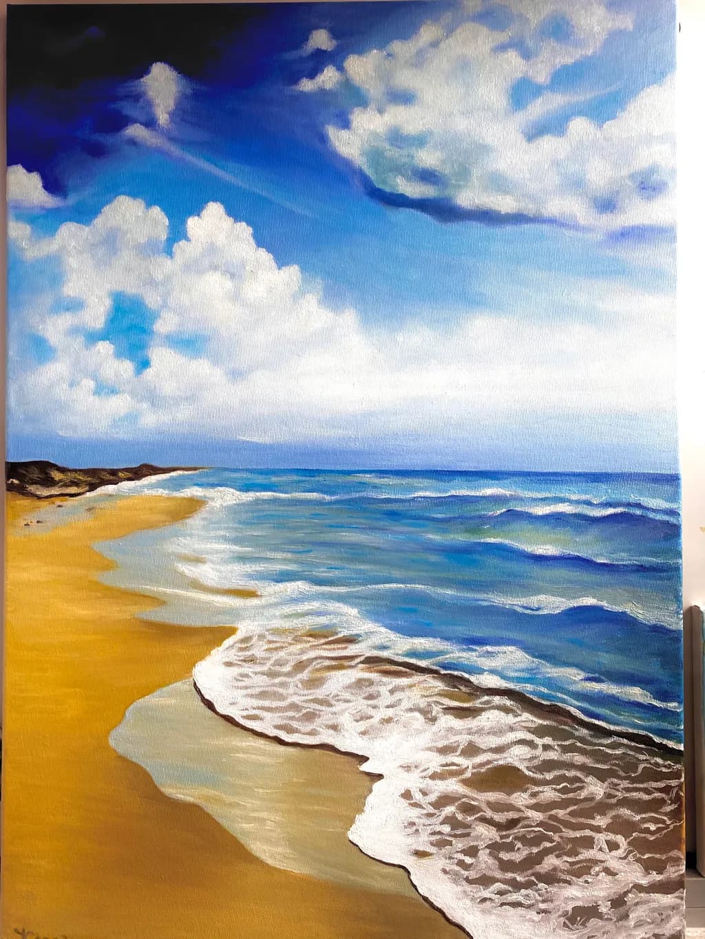 Serenity by the Shore: A Tranquil Coastal Escape in Vibrant Blues and Golds