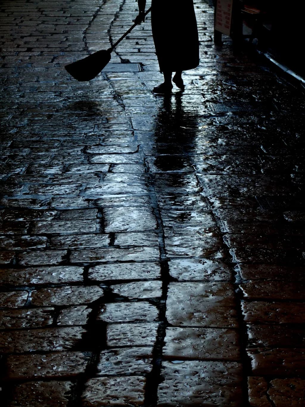 Silent Reflections: The Dance of Shadows on Wet Cobblestones
