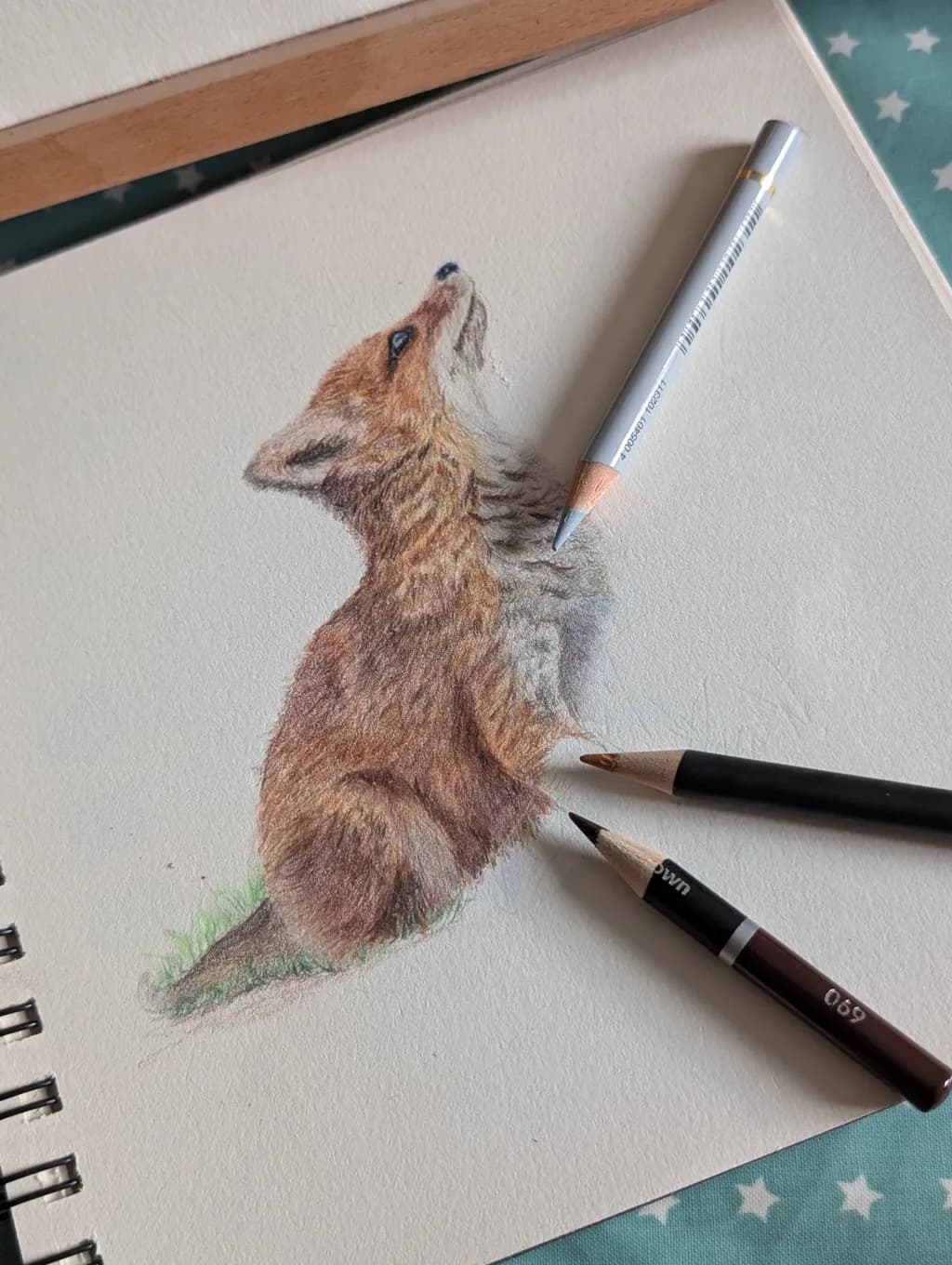 Whiskers and Wonder: A Playful Portrait of a Curious Fox in Colored Pencil