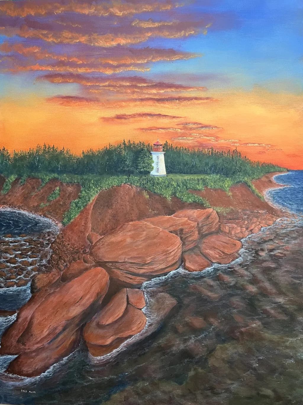 Whispers of the Coast: A Serene Sunset Over the Lighthouse and Rocky Shoreline