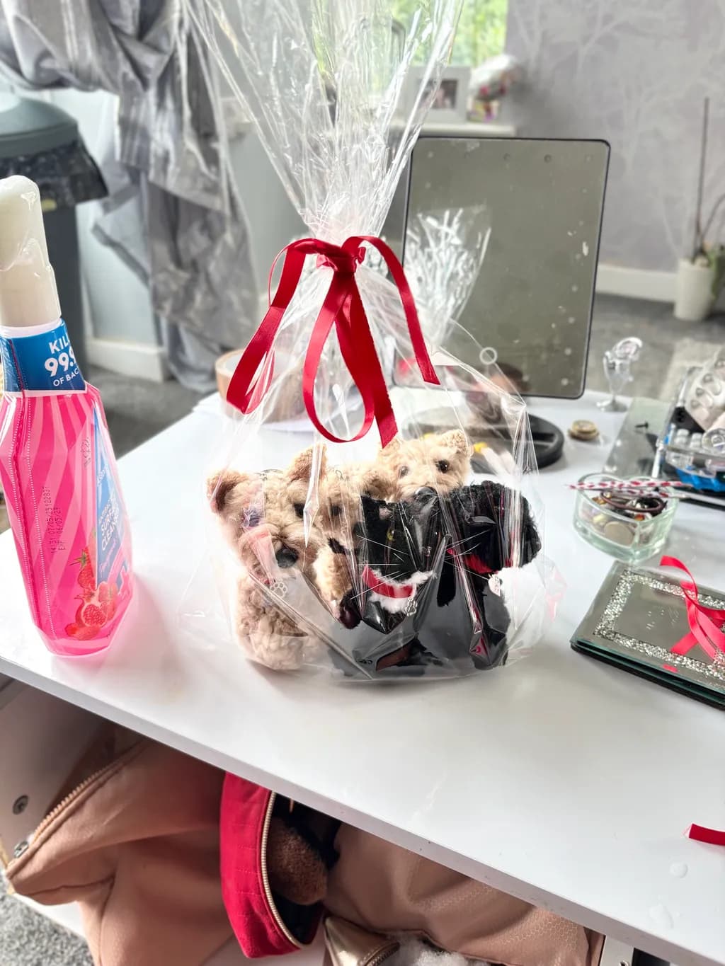 Whimsical Teddy Bear Gift Basket with Red Ribbon Charm