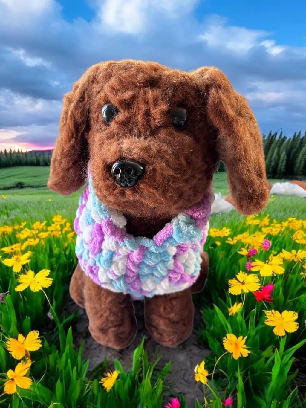 Whimsical Plush Pup in a Colorful Floral Landscape: A Heartwarming Scene of Joy and Nature