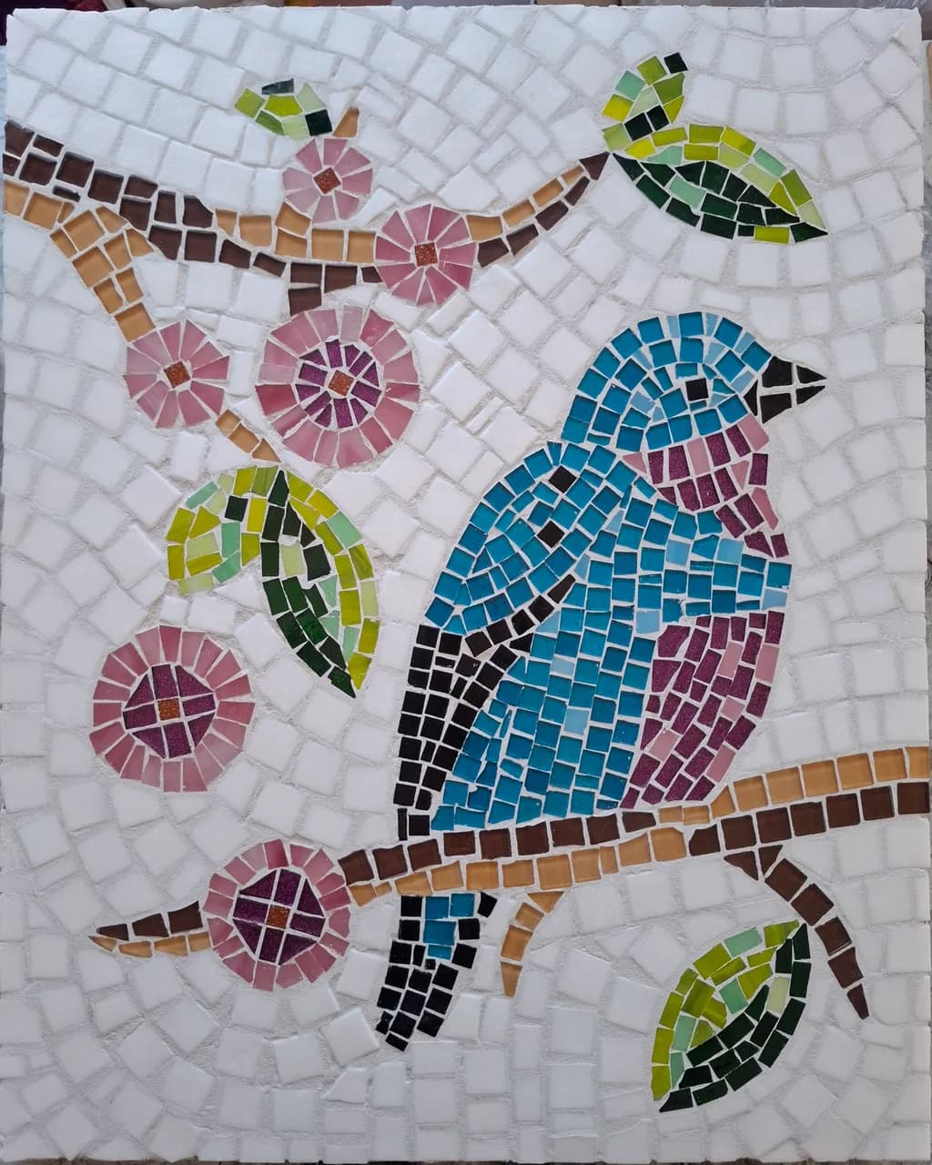 Whimsical Mosaic Bird on Blossoming Branch: A Colorful Nature Tribute