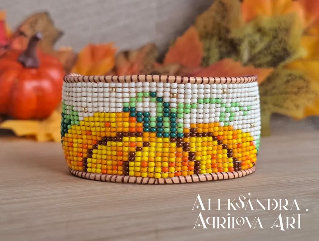 Autumn Harvest: Handcrafted Beaded Pumpkin Cuff Bracelet