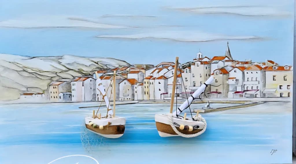 Serene Harbor: A Tranquil Seascape with Charming Sailboats and Coastal Village