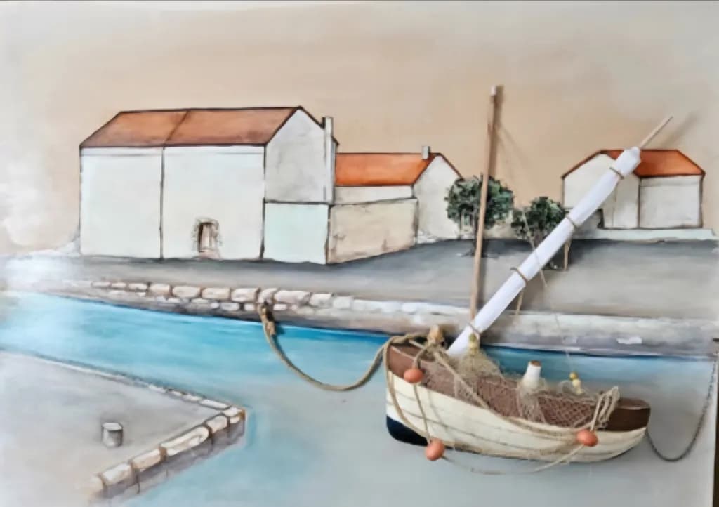 Serenity by the Shore: A Tranquil Harbor Scene with a Fishing Boat and Quaint Houses