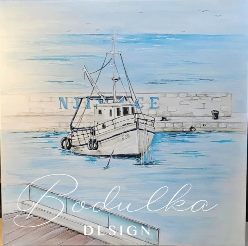 Serenity at the Harbor: A Tranquil Blue Boat Scene