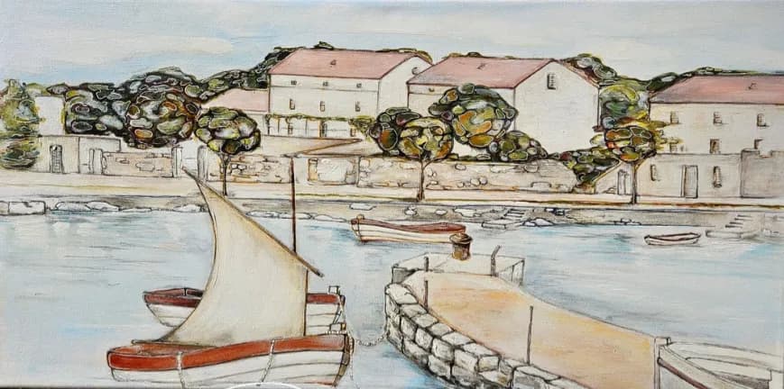 Serene Harbor: A Tranquil Coastal Scene with Sailboats and Charming Homes