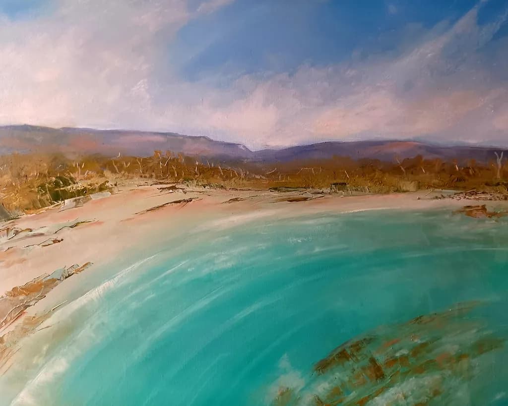 Serenity by the Shore: A Tranquil Coastal Landscape in Vibrant Hues