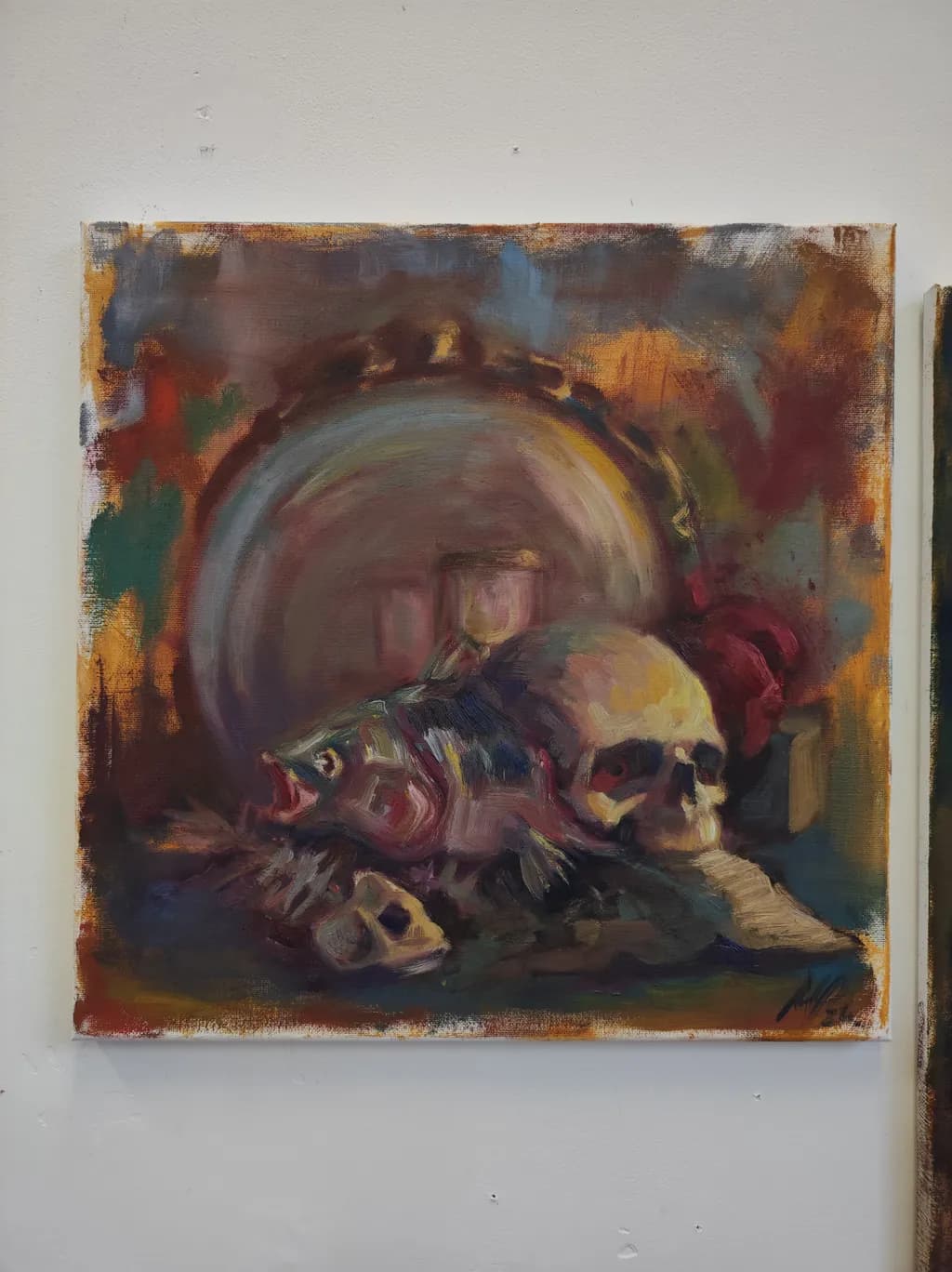 Vibrant Echoes of Mortality: An Abstract Still Life of Fish and Skull