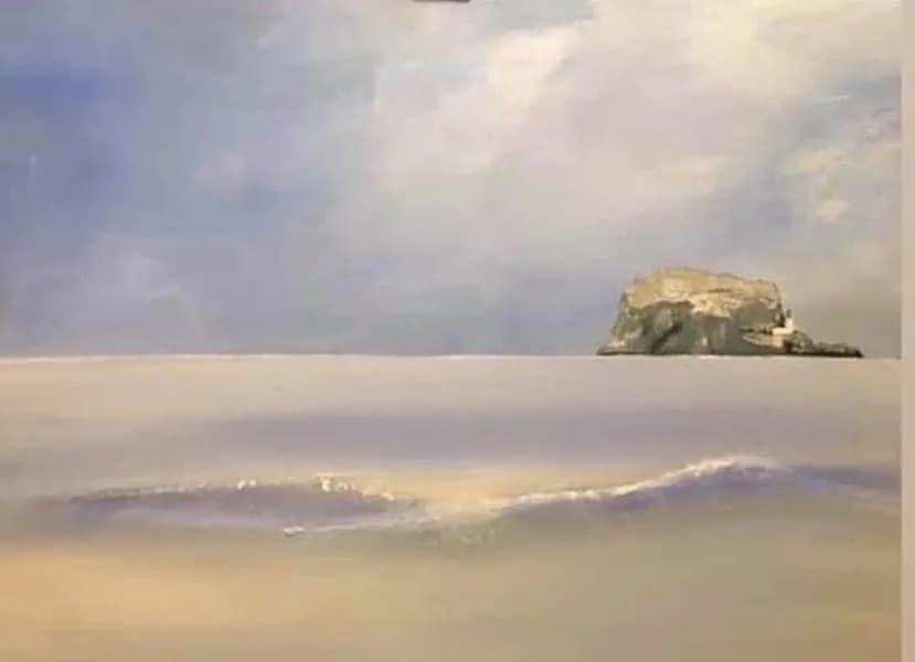 Serenity at Sea: A Tranquil Horizon with Gentle Waves and a Solitary Rock Formation