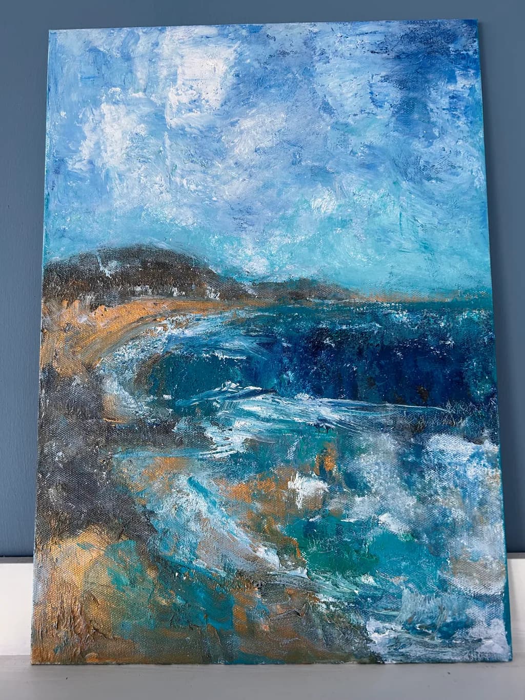 Whispers of the Ocean: A Serene Coastal Escape in Blues and Golds