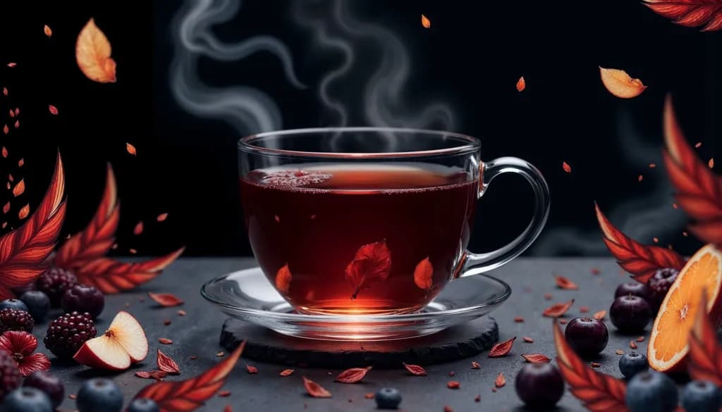 Autumn's Embrace: A Serene Cup of Spiced Tea with Vibrant Leaves and Berries