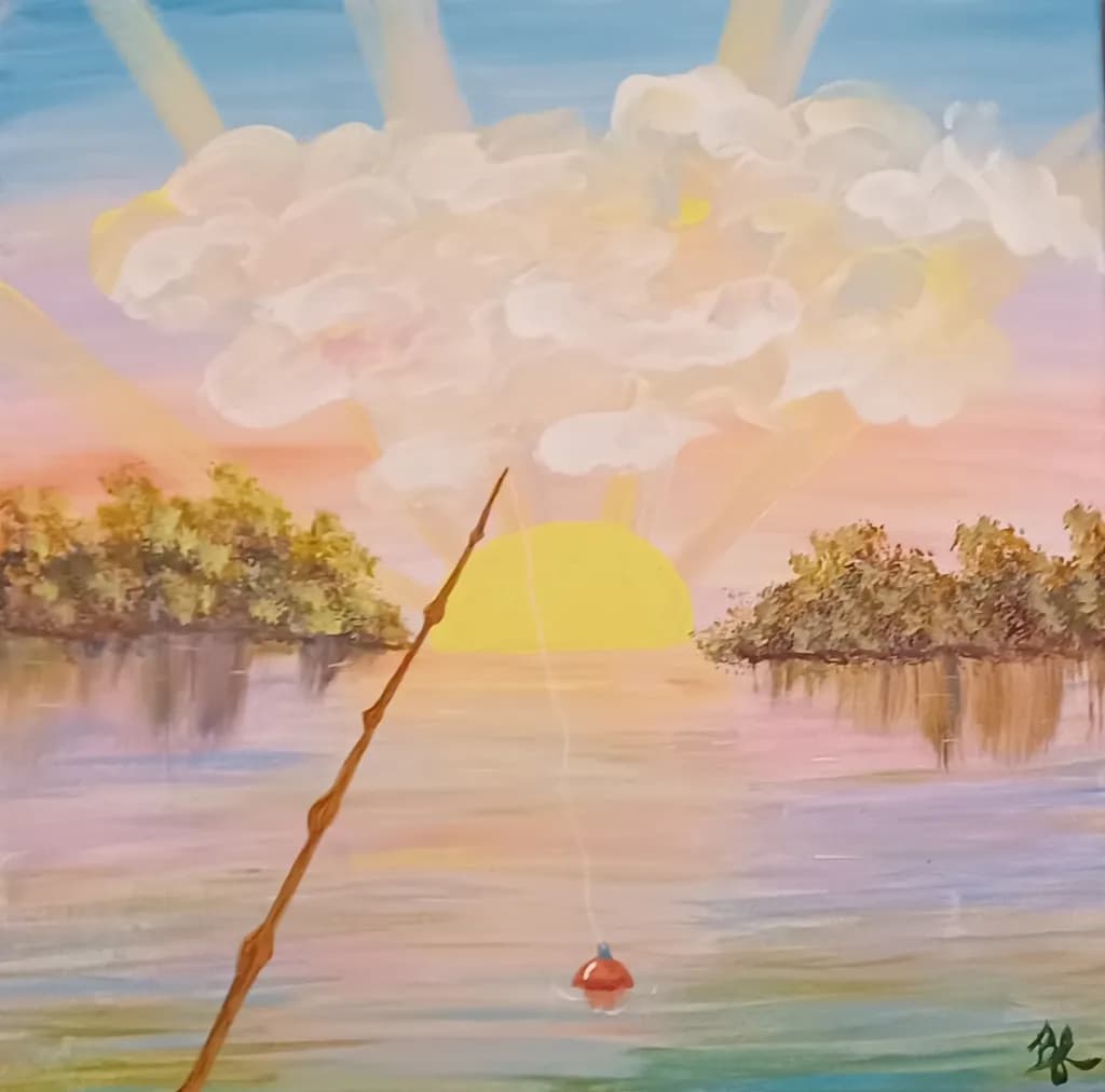 Serenity at Dusk: A Tranquil Fishing Scene Under a Golden Sunset