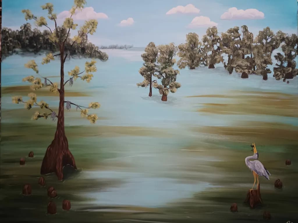 Whispers of Tranquility: A Serene Landscape with Heron and Trees