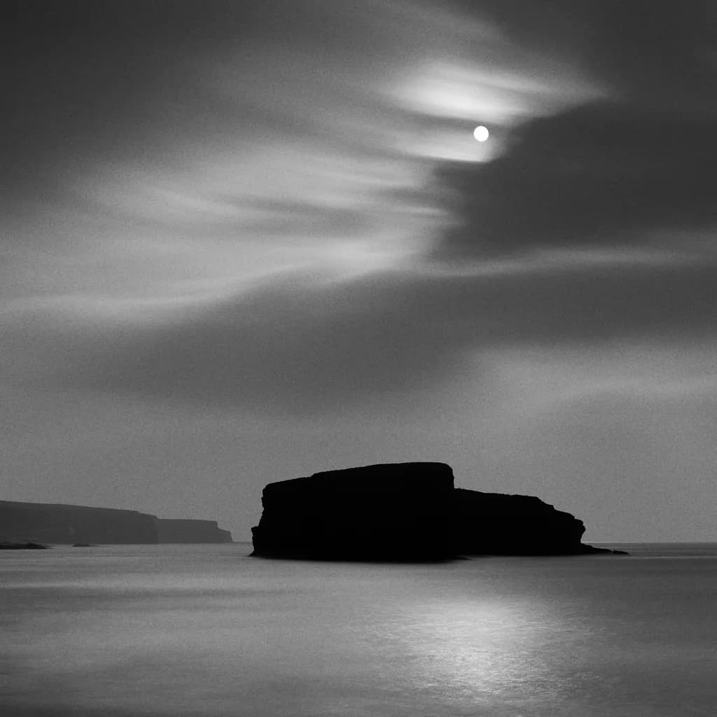 Whispers of the Moonlit Sea: A Serene Black and White Journey