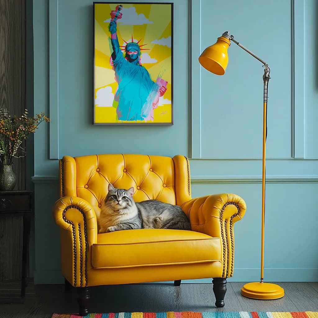 Vibrant Liberty: A Pop Art Tribute to Freedom and Feline Comfort