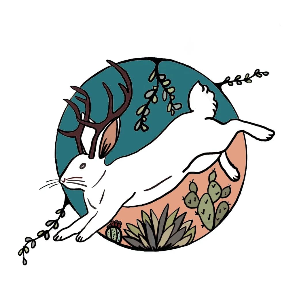 Whimsical Leap: The Antlered Rabbit in a Desert Dreamscape