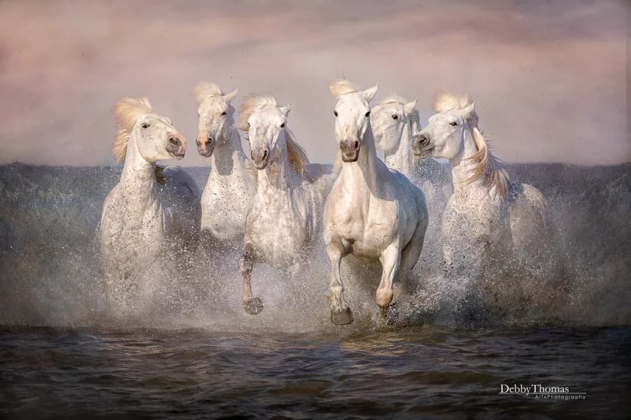 Majestic White Stallions Galloping Through the Waves at Dusk