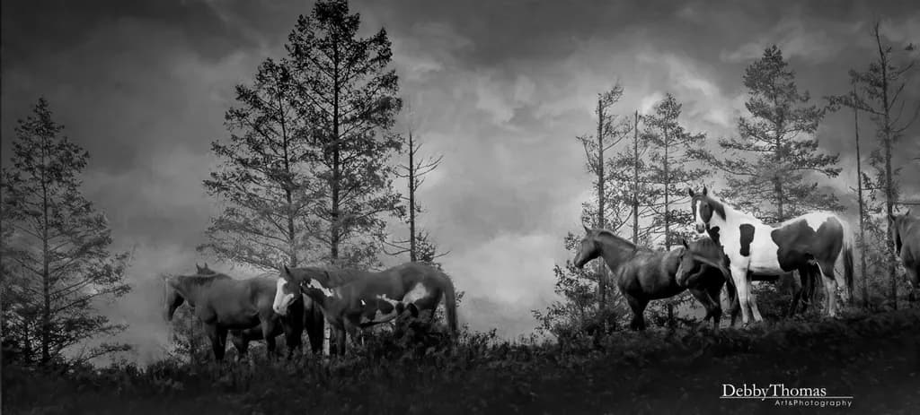 Whispers of the Wild: A Monochrome Gathering of Horses in Nature's Embrace