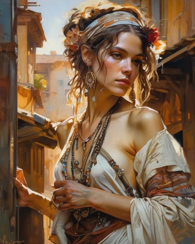 Whispers of the Past: A Captivating Portrait of Elegance and Mystery in a Sunlit Alleyway