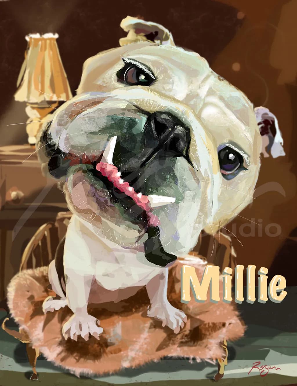 Whimsical Portrait of Millie the Playful Bulldog