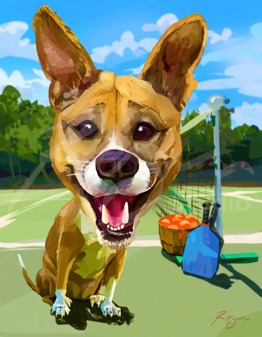 Joyful Corgi: A Playful Portrait of Canine Happiness on the Court