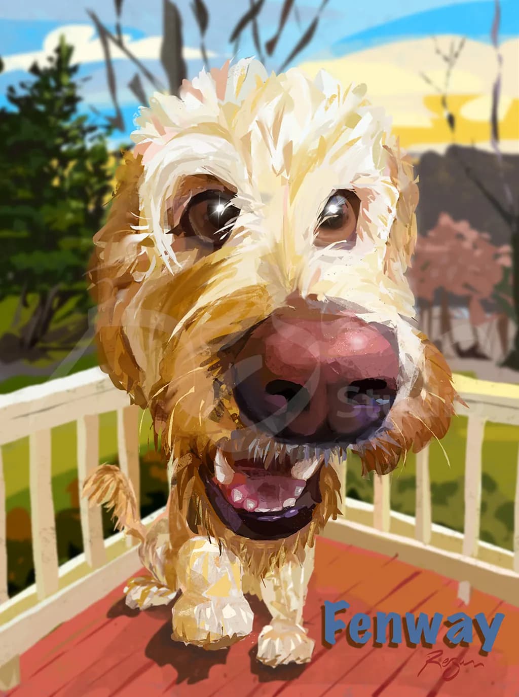 Whimsical Portrait of Fenway: A Joyful Canine Companion in Vibrant Colors