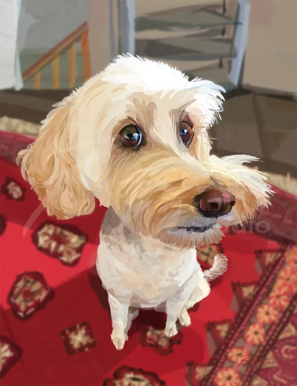 Whimsical Portrait of a Playful Pup on a Vibrant Red Carpet