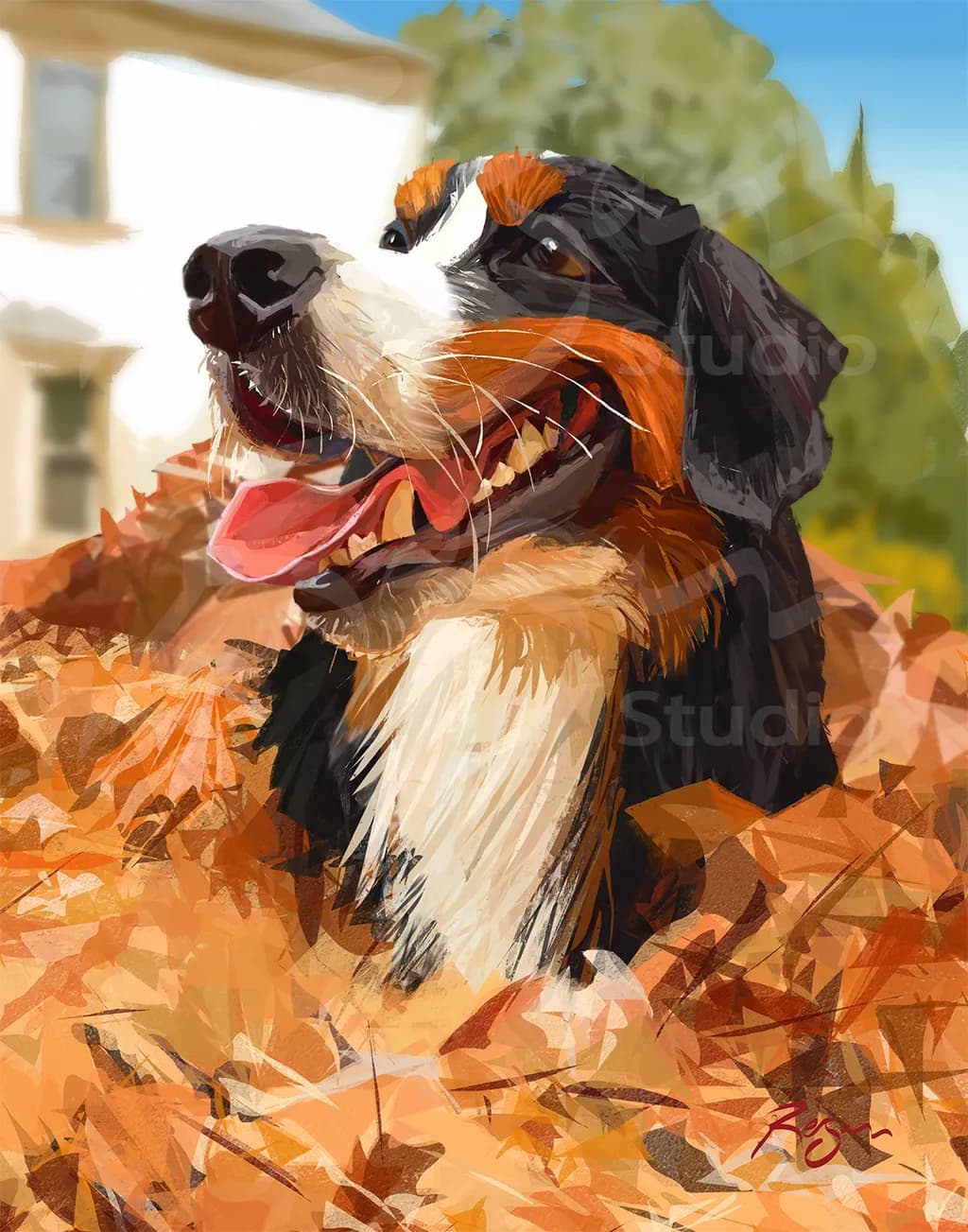 Joyful Autumn Companion: A Playful Dog Amidst Colorful Leaves