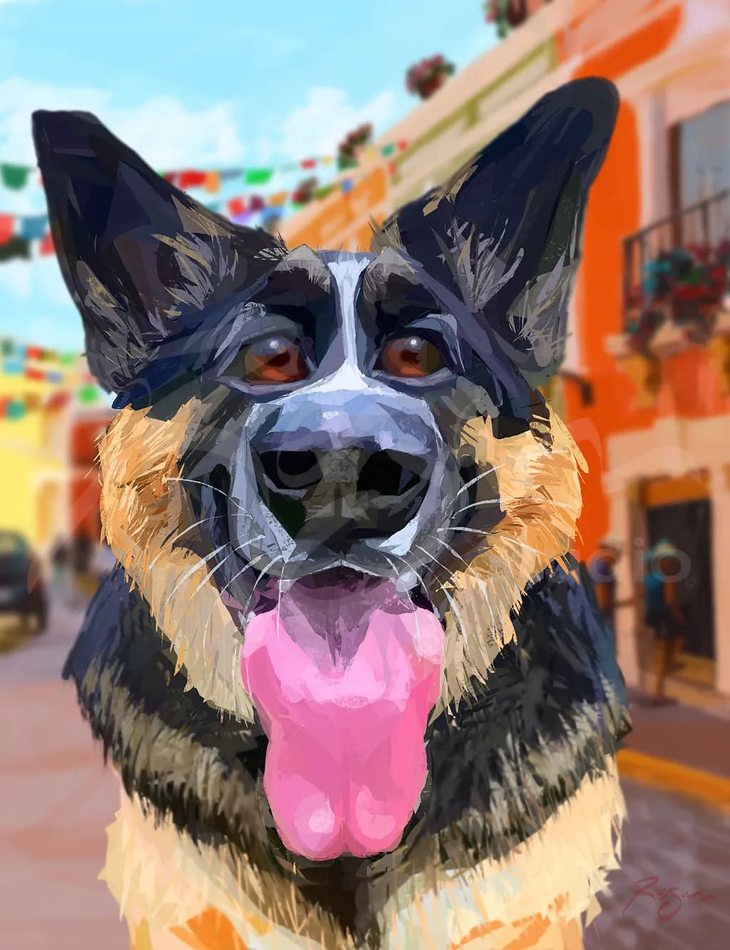 Vibrant Gaze: A Playful German Shepherd in a Colorful Street Scene