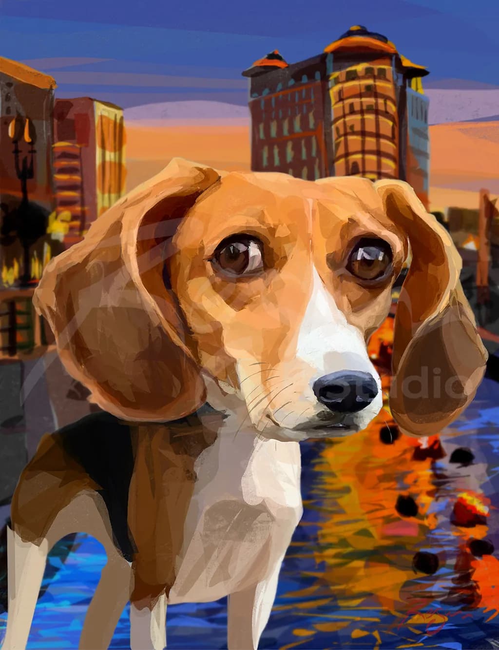 Whimsical Beagle at Sunset: A Vibrant Urban Portrait