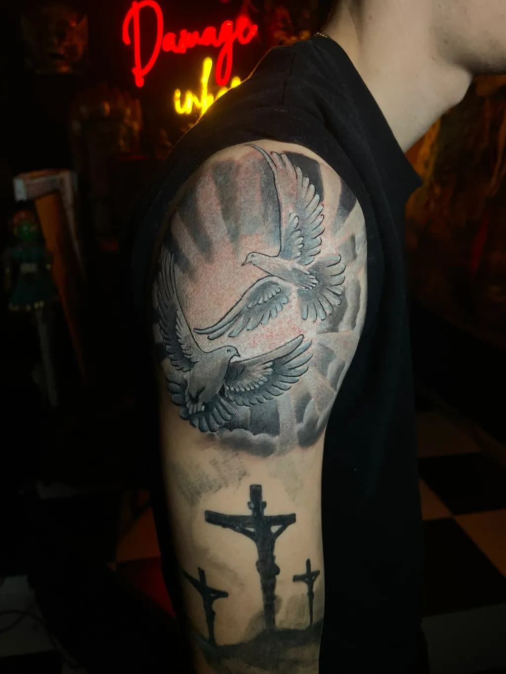 Ethereal Flight: A Symbolic Tattoo of Doves and Faithful Shadows