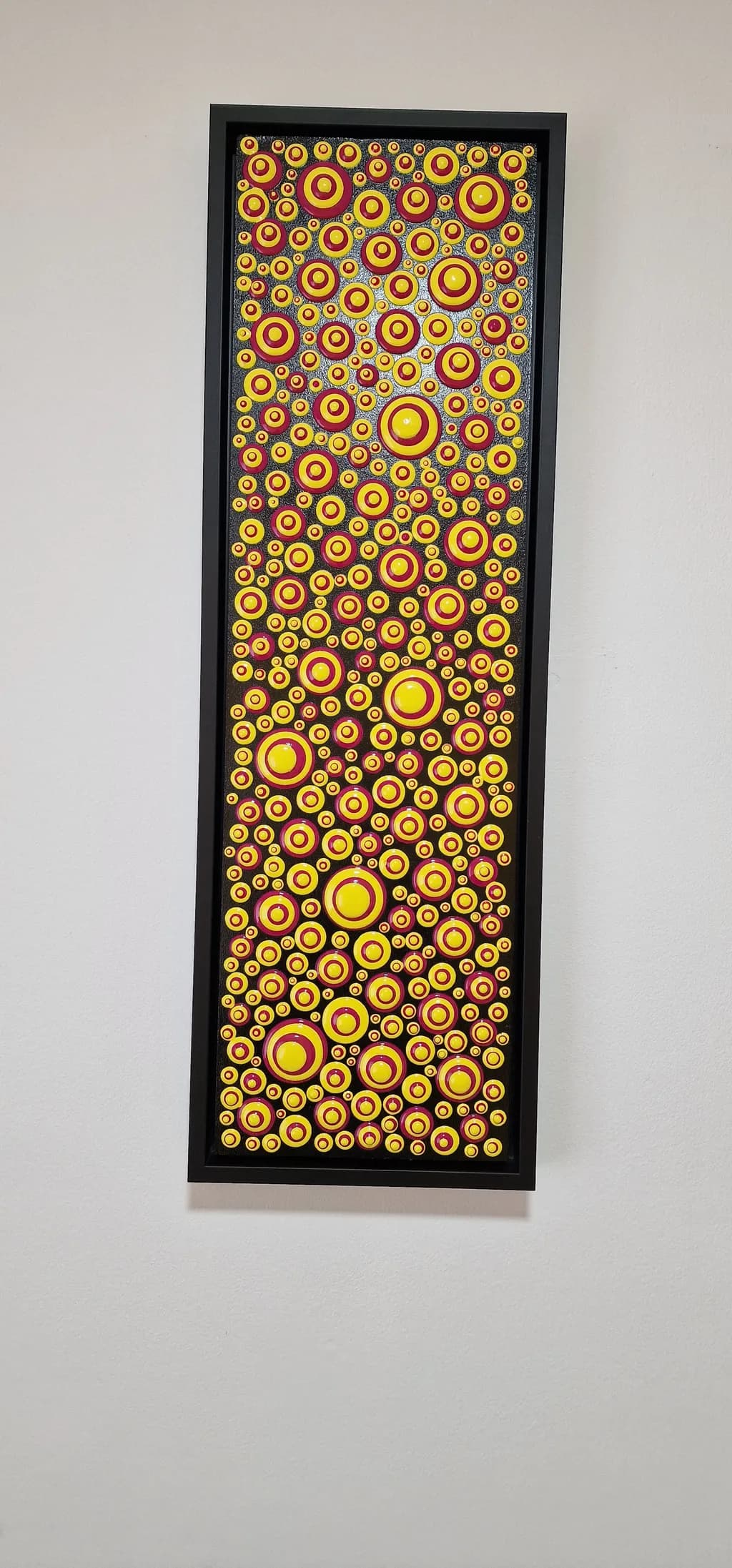 Radiant Circles: A Vibrant Dance of Yellow and Red on Black Canvas