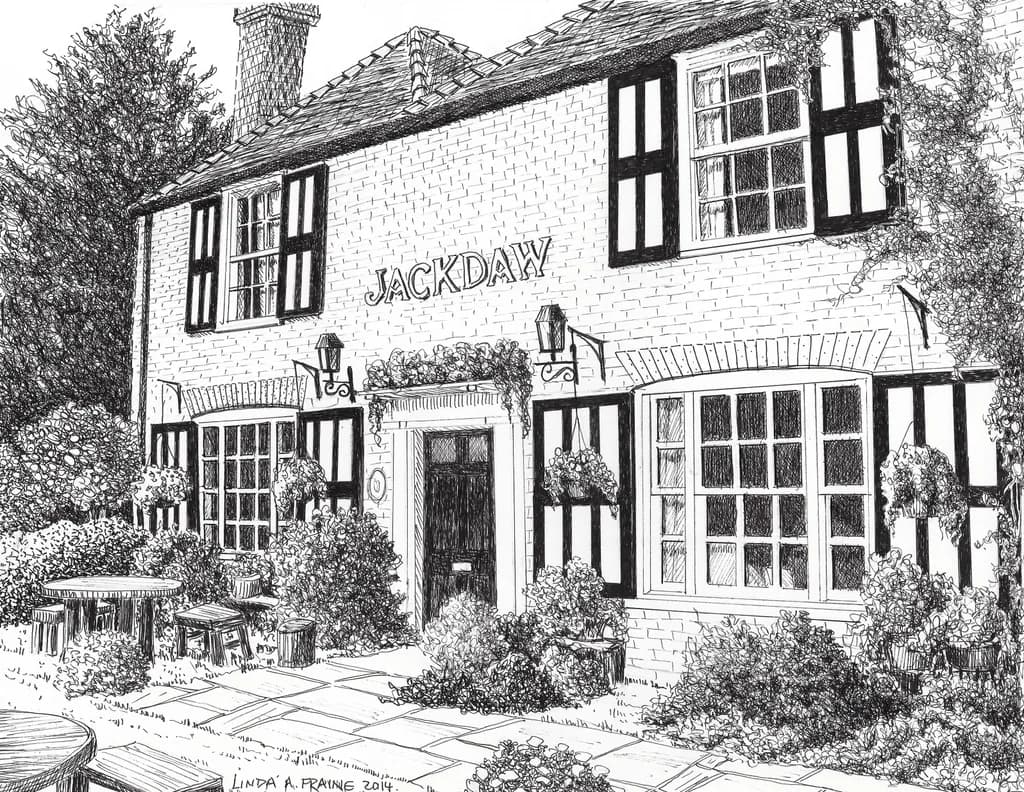 Charming English Pub: A Detailed Ink Illustration of Jackday's Inviting Facade