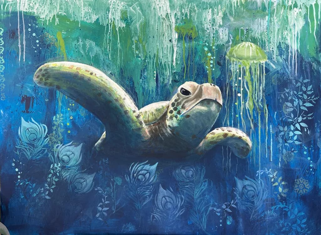 Serene Journey: A Majestic Sea Turtle Amidst Ocean Wonders