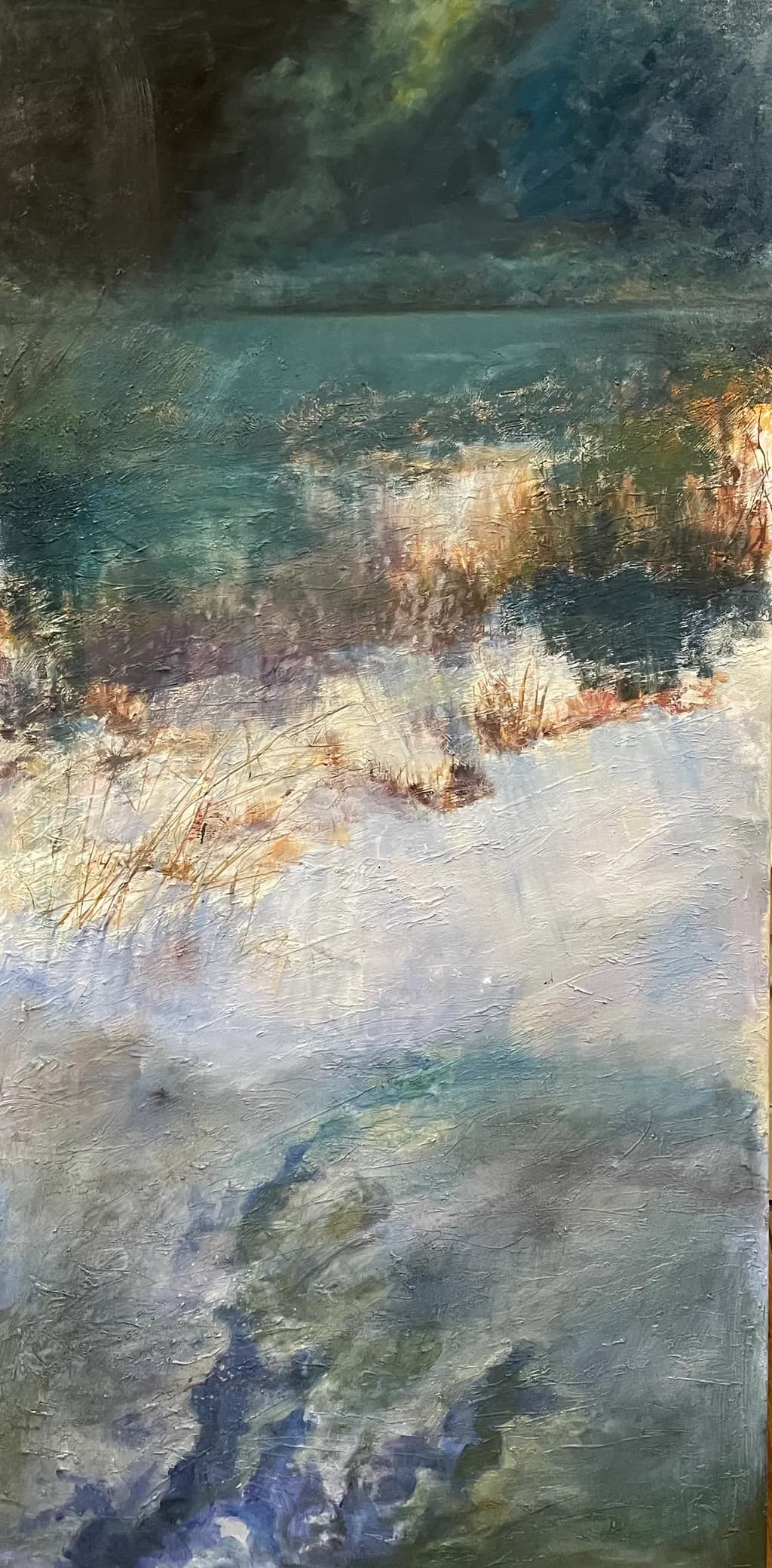 Whispers of Serenity: An Abstract Landscape of Tranquil Waters and Textured Colors