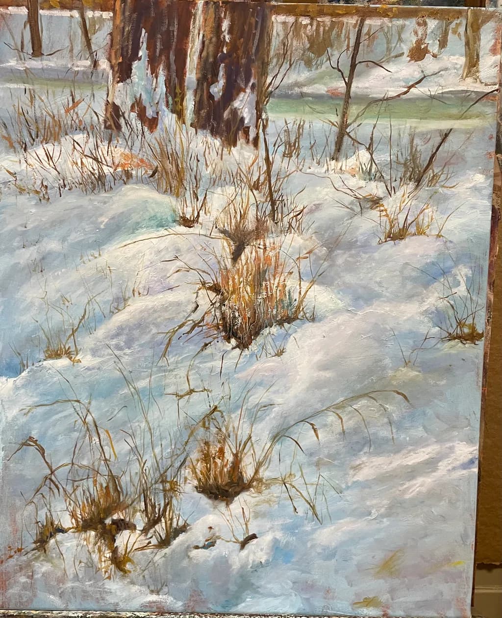 Winter's Embrace: A Serene Landscape of Snow-Covered Grasses and Trees