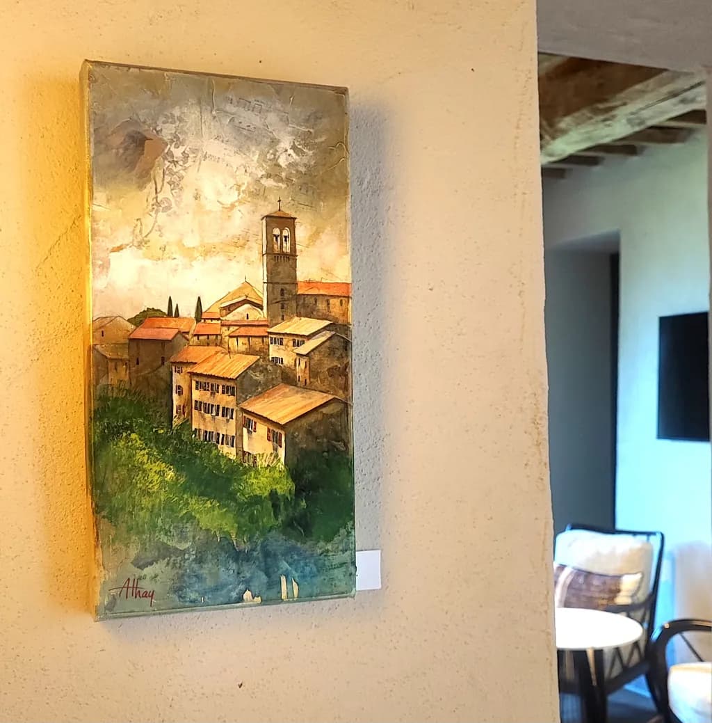 Whispers of a Timeless Village: A Serene Landscape Painting of Architectural Harmony