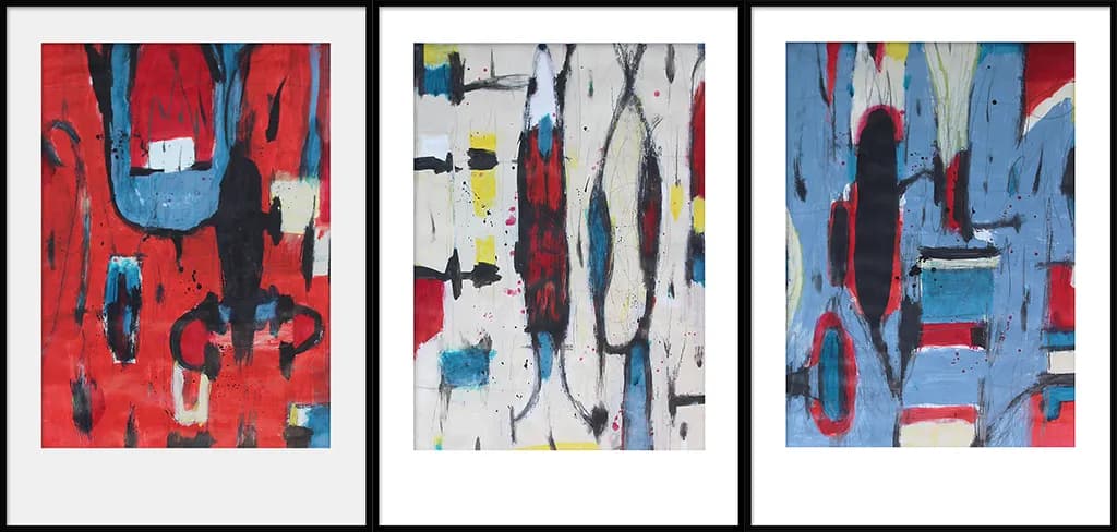 Vibrant Geometric Expressions: A Modern Abstract Triptych in Bold Colors