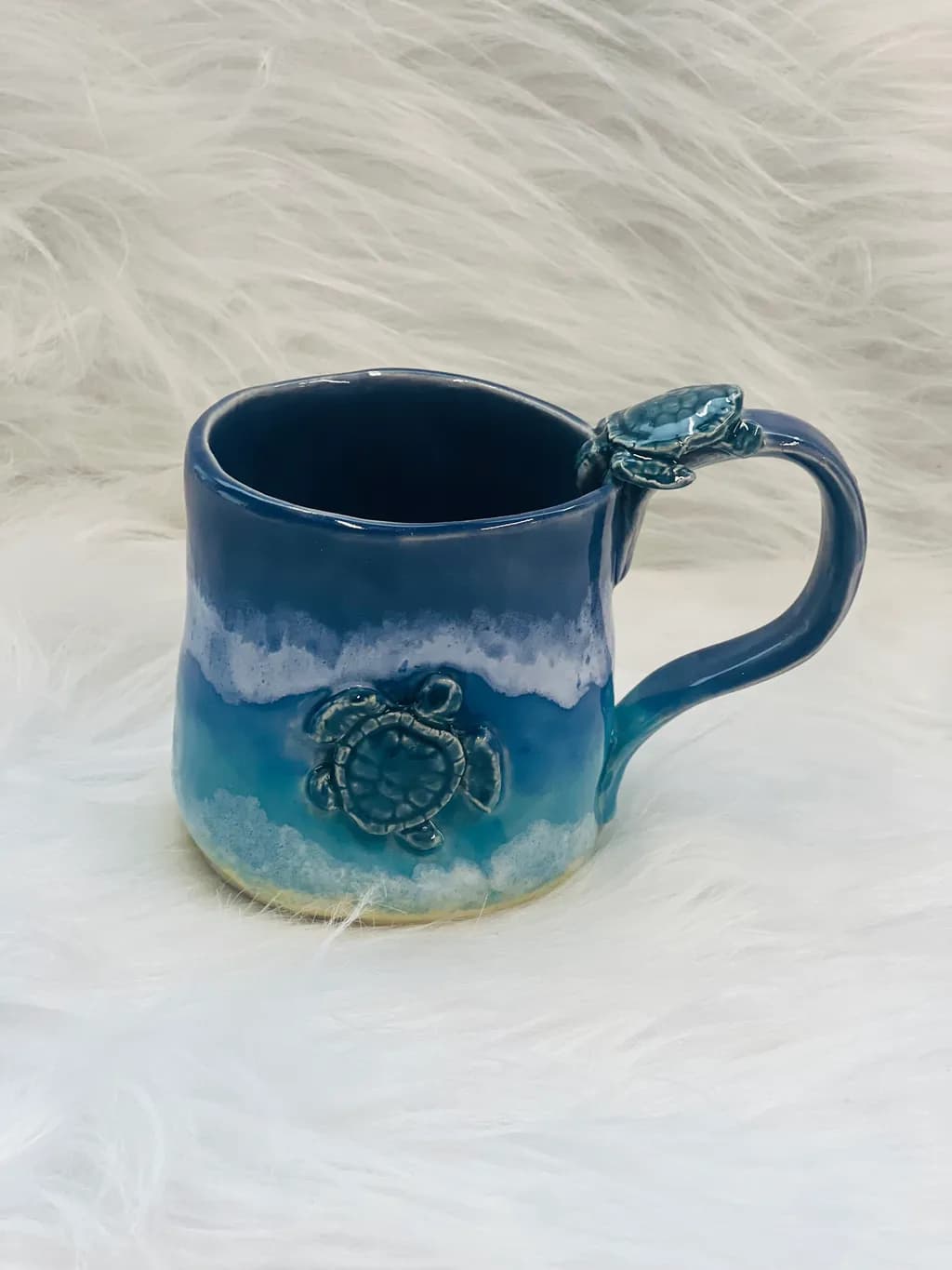 Oceanic Serenity: Handcrafted Turtle Mug with Coastal Waves Design
