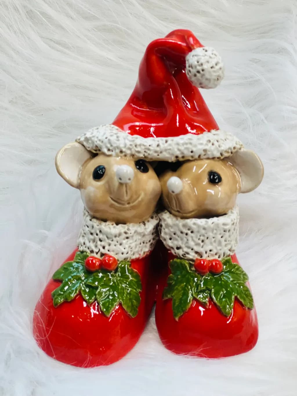 Whimsical Holiday Cheer: Adorable Ceramic Mice in Festive Red Boots